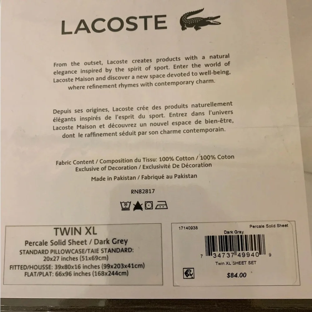 Lacoste Twin XL Sheet Set‎ in Charcoal